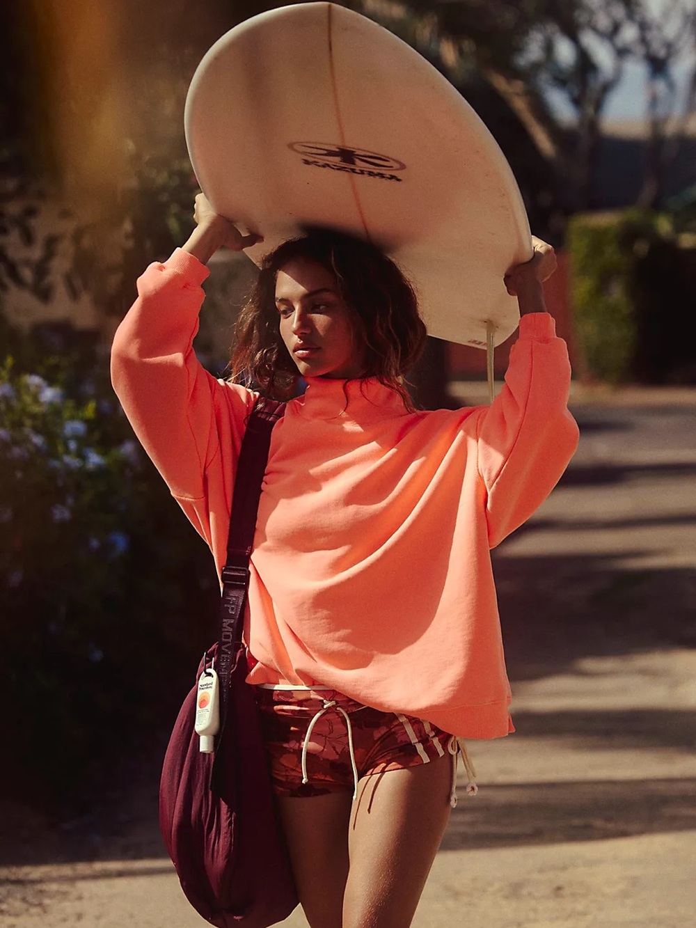FP Movement by Free People Neon Coral Oversized Mock Neck Pullover Sweatshirt